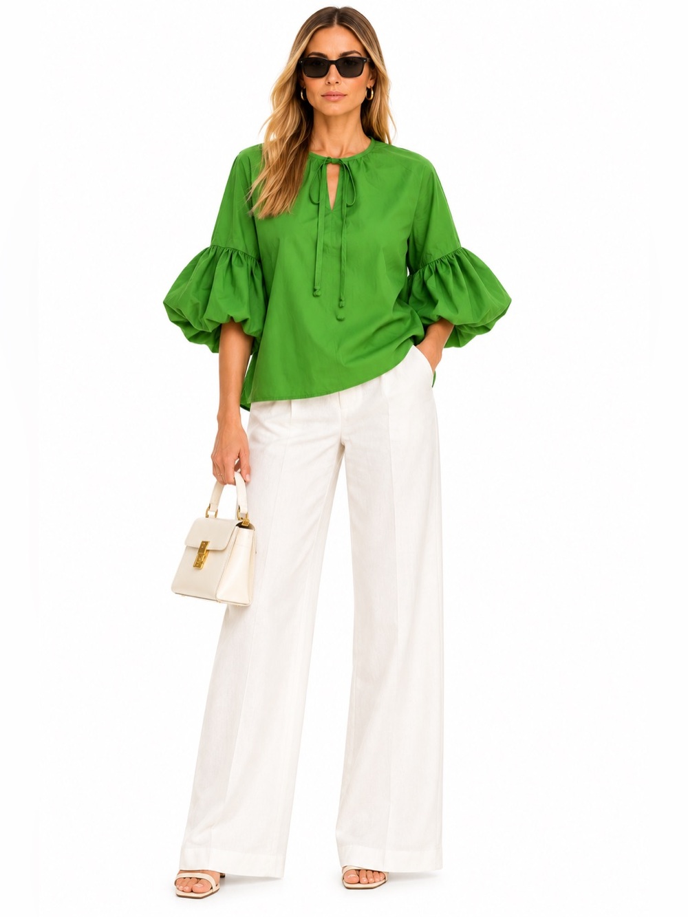 Carolina Herrera Bright Green Tie-Front Cotton Blouse